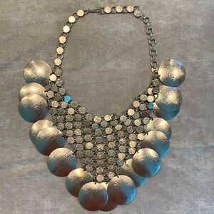 Statement 17 Silver circle pendants held by mesh necklace, Boho style
